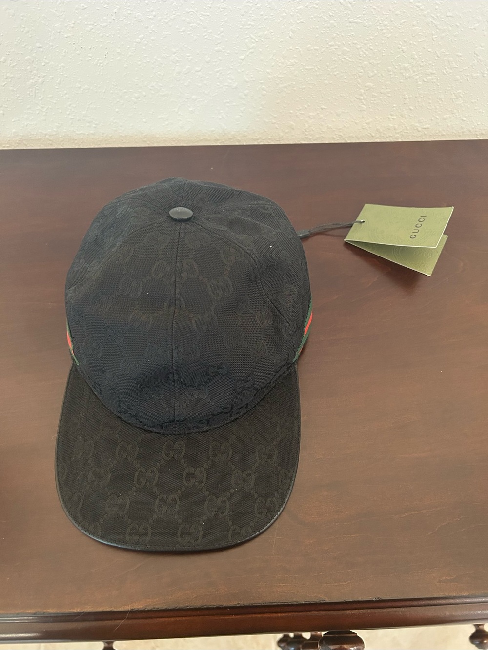 Gucci Black Monogram Cap with Red and Green Stripe